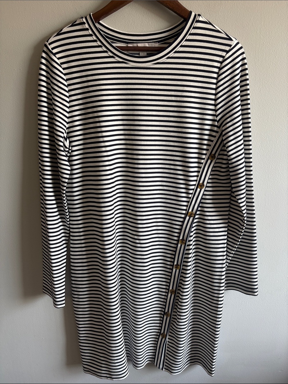 LOFT Navy Cream Striped Tunic Top Faux Button Side Detail Long Sleeve Medium